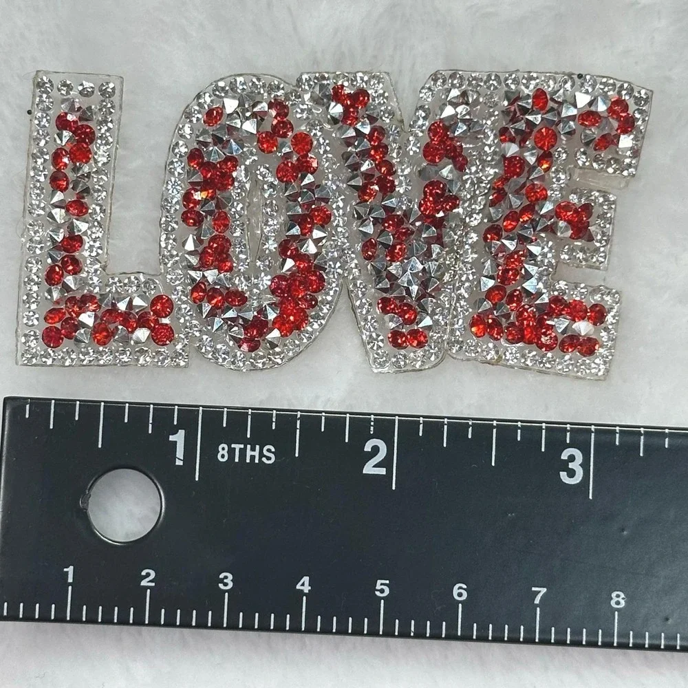 Rhinestone LOVE Iron-On Patch Red Silver Bling Applique 3.5